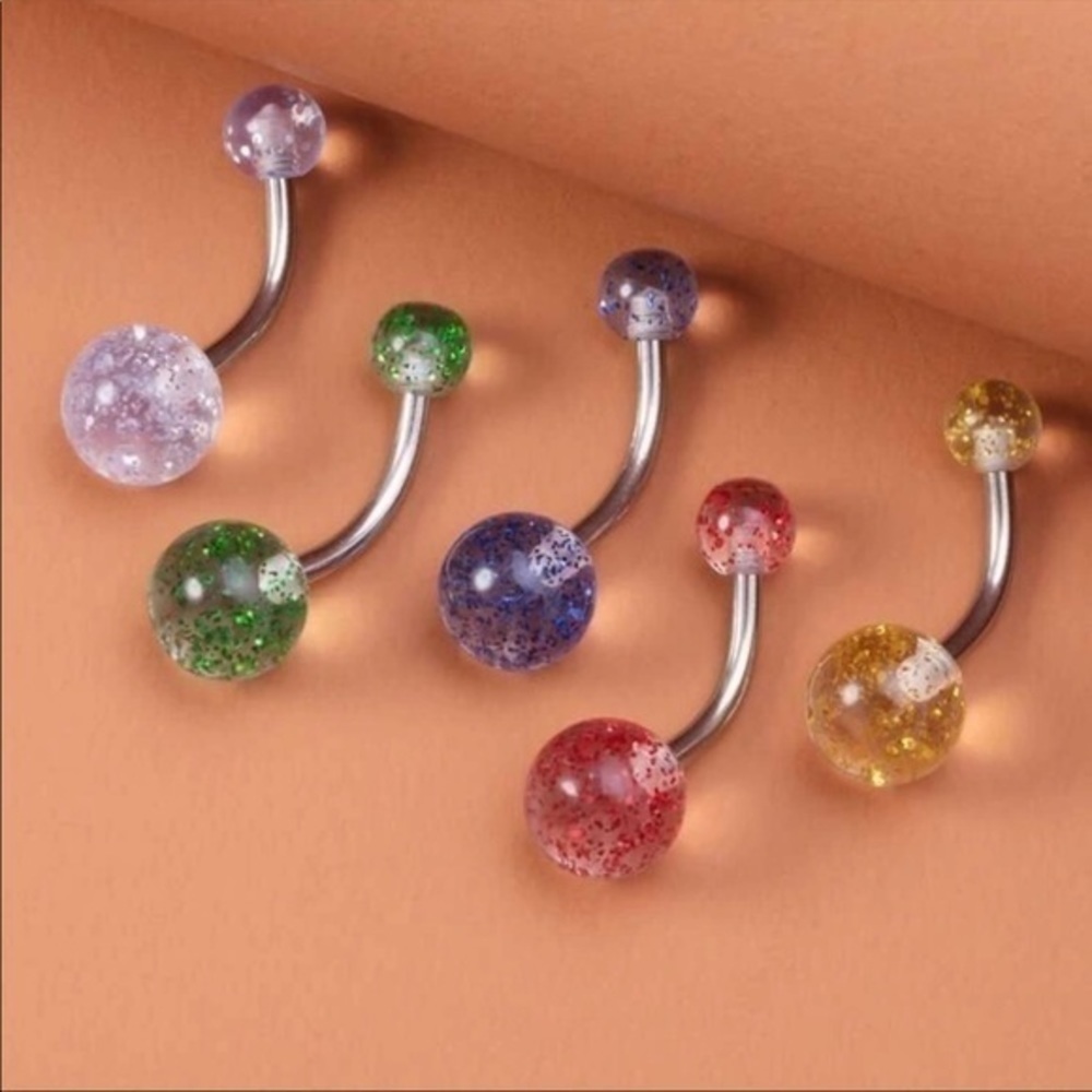 Glittery Colorful Summer Bellybutton Ball Ring Set